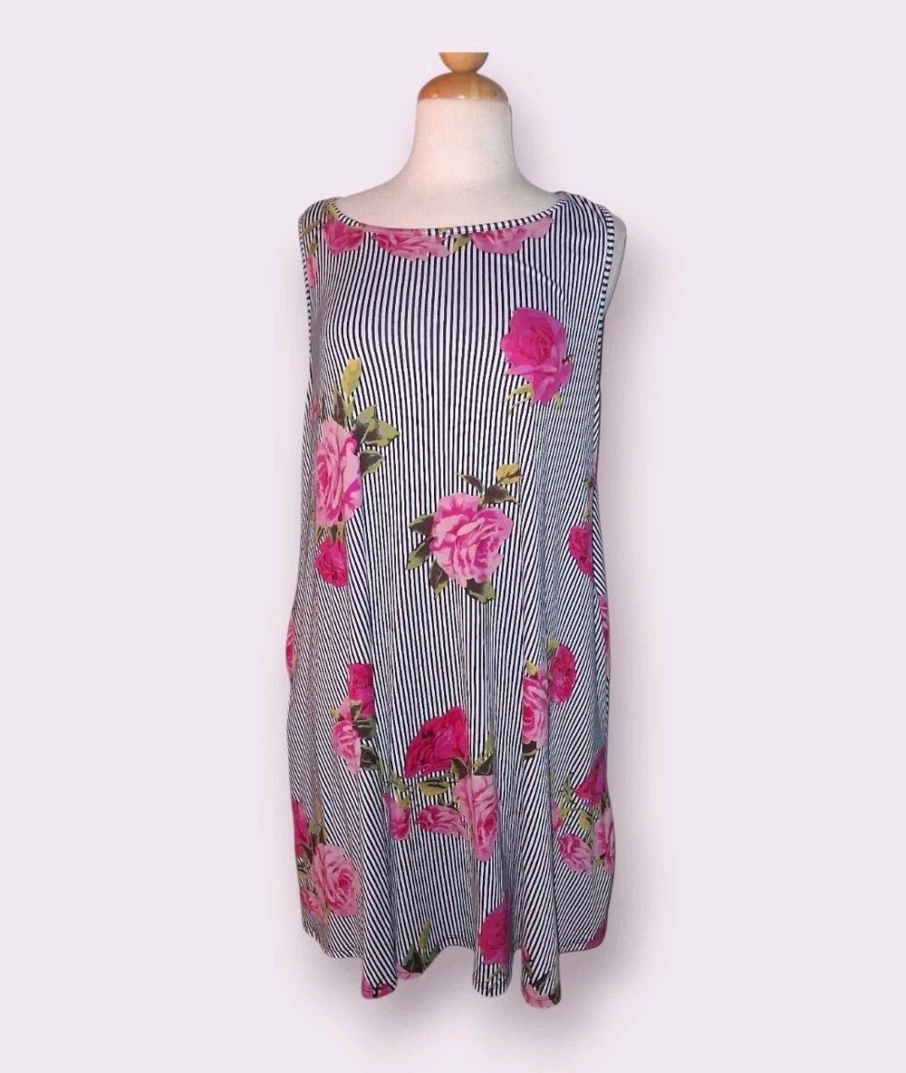 BomBom Dress Women’s Size Large Floral Striped Sleeveless Scoop Neck Casual